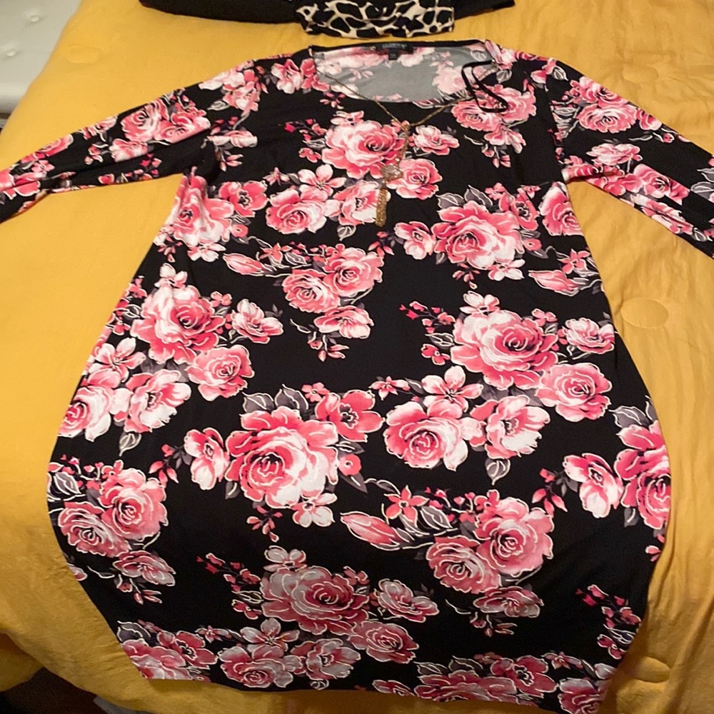 Floral Black and Pink Midi Dress